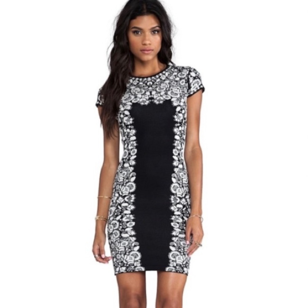BCBGMaxAzria Fabiana Black and White Puckering Floral Jacquard Dress